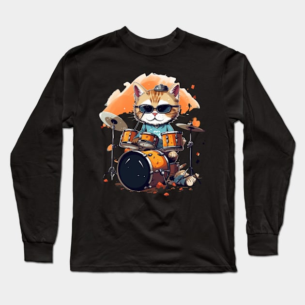 Cool Cat play on Drums Long Sleeve T-Shirt by NatashaCuteShop